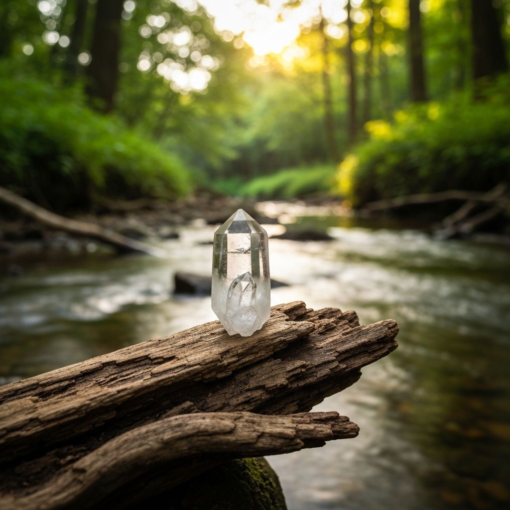 Crystal specimen on natural wood near flowing forest stream