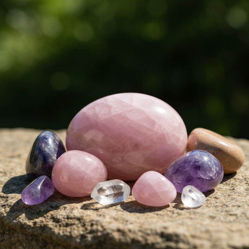 Polished palm stones and crystals on natural rock surface outdoors