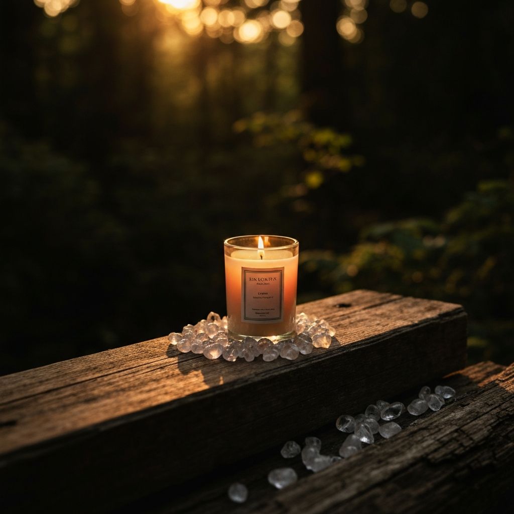 Lit candle surrounded by crystals outdoors